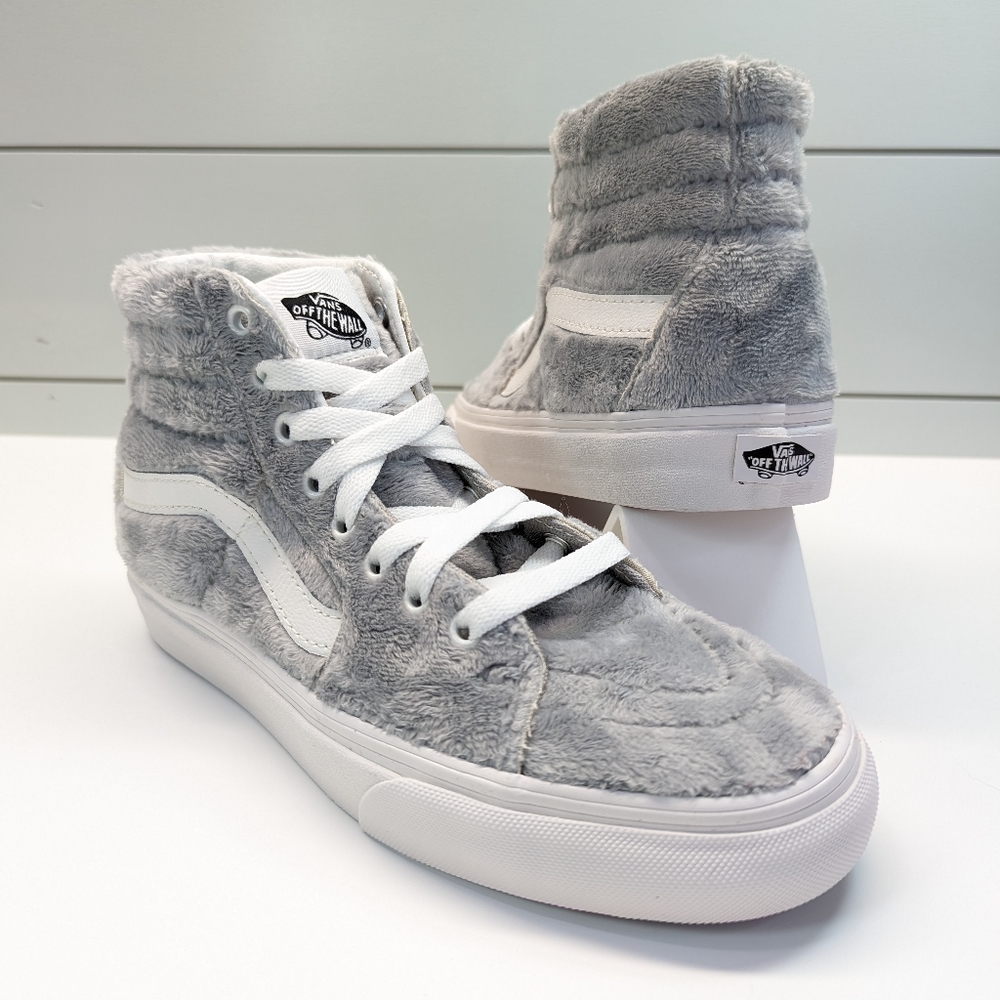 Vans SK8-HI Top Sherpa Drizzle Blanc de Blanc Grey White Faux Fur Shoes Men's 6